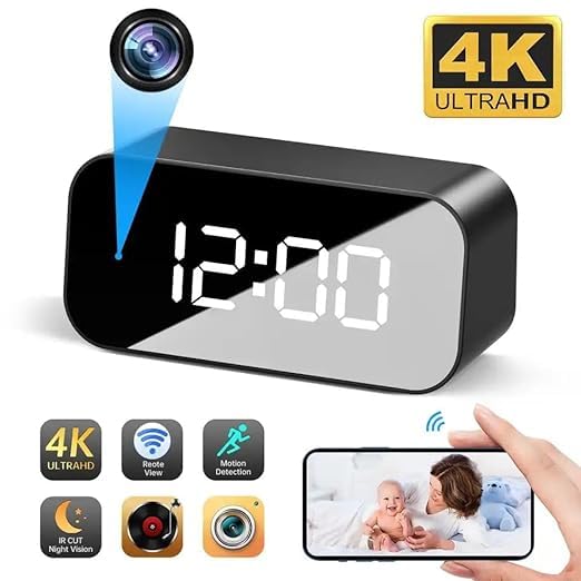 4K WiFi Digital Display Clock Camera WiFi 166° Wide Angle HD Night Vision Home Surveillance Indoor Camera Support Up to 64GB SD Card WiFi Security Camera Digital Alarm Clock
